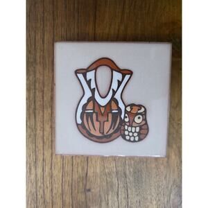 Vintage Brown Stylized Pottery and Owl Vessel Motif Ceramic Tile Folk Art